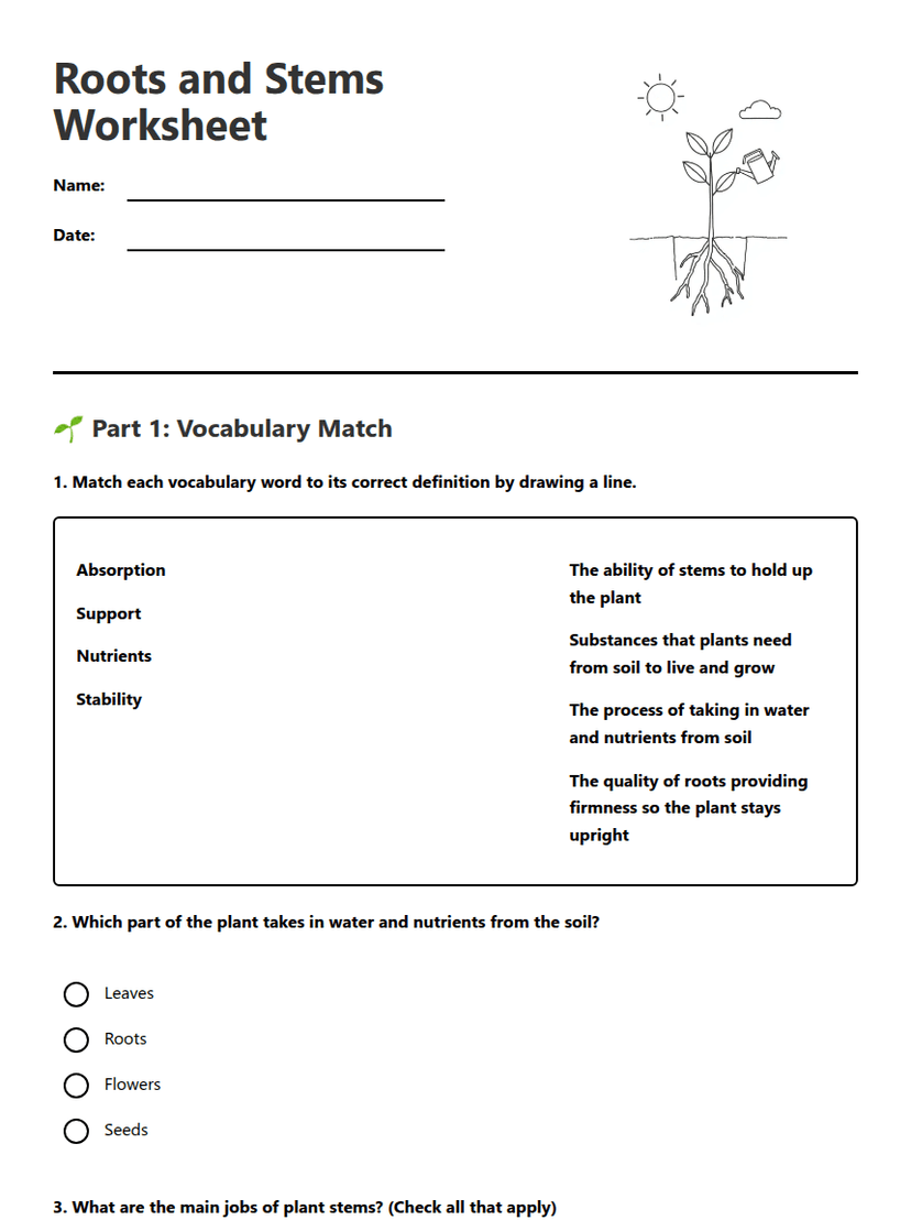 Roots and Stems Worksheet