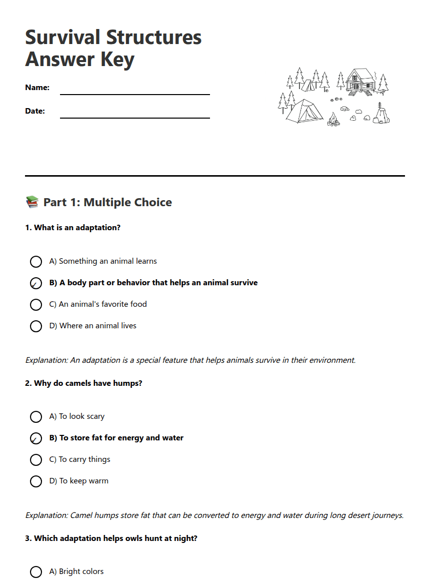 Survival Structures Answer Key worksheet preview