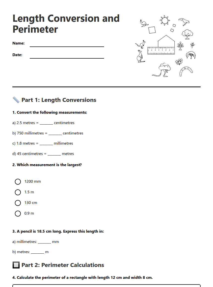Length Conversion and Perimeter worksheet preview