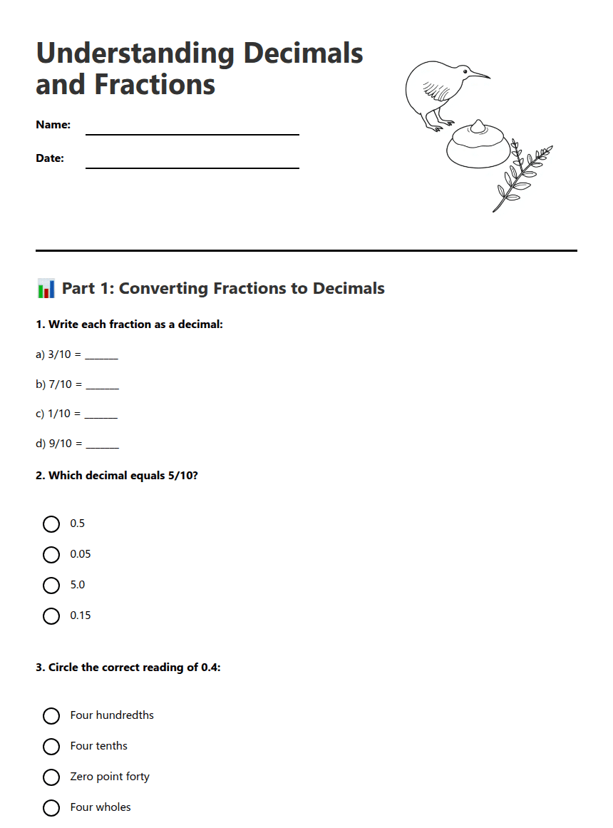 Understanding Decimals and Fractions worksheet preview