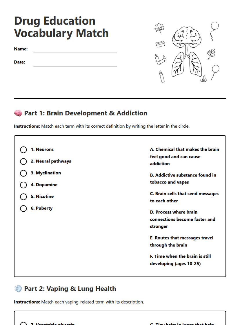 Drug Education Vocabulary Match