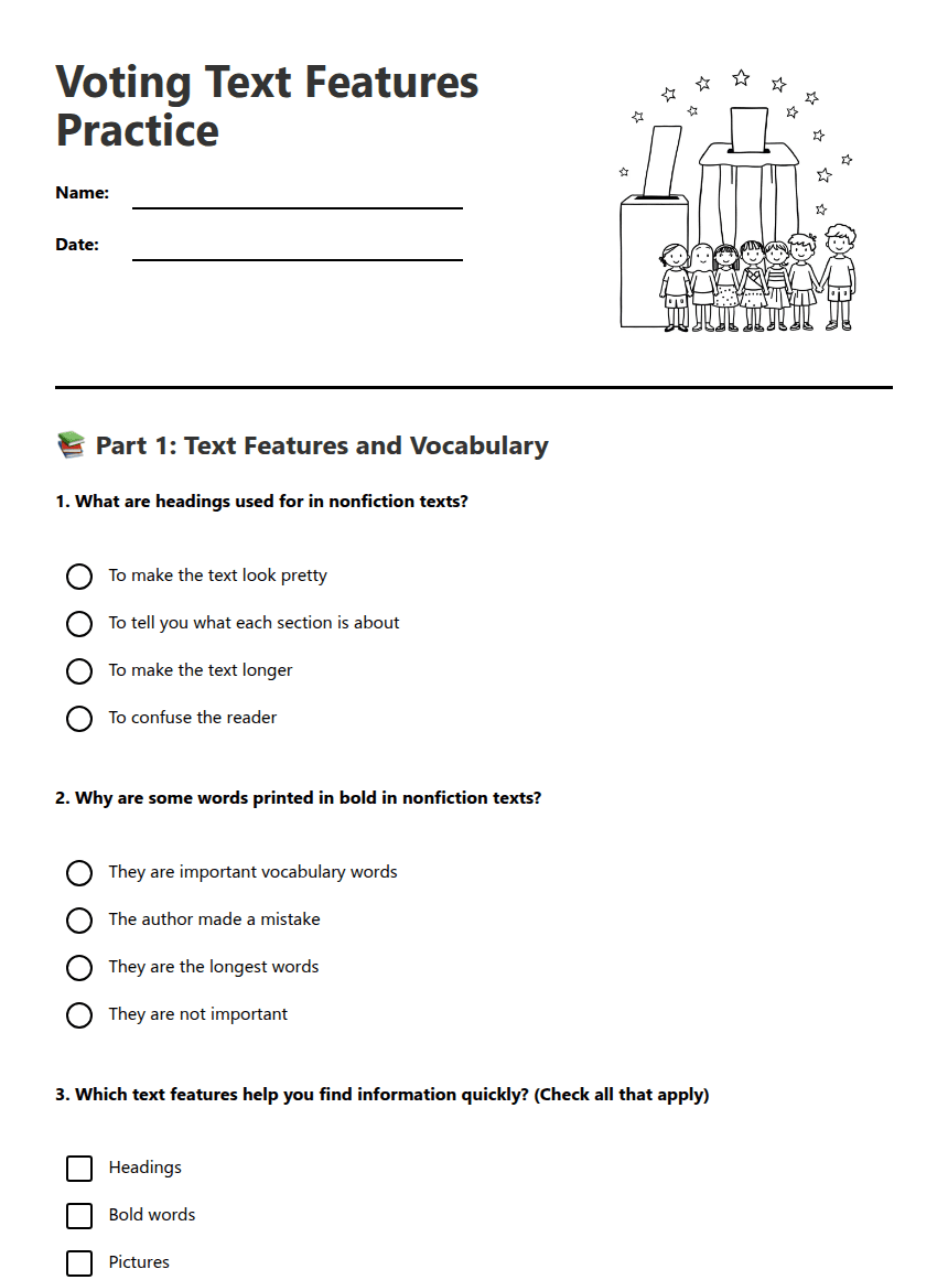 Voting Text Features Practice worksheet preview