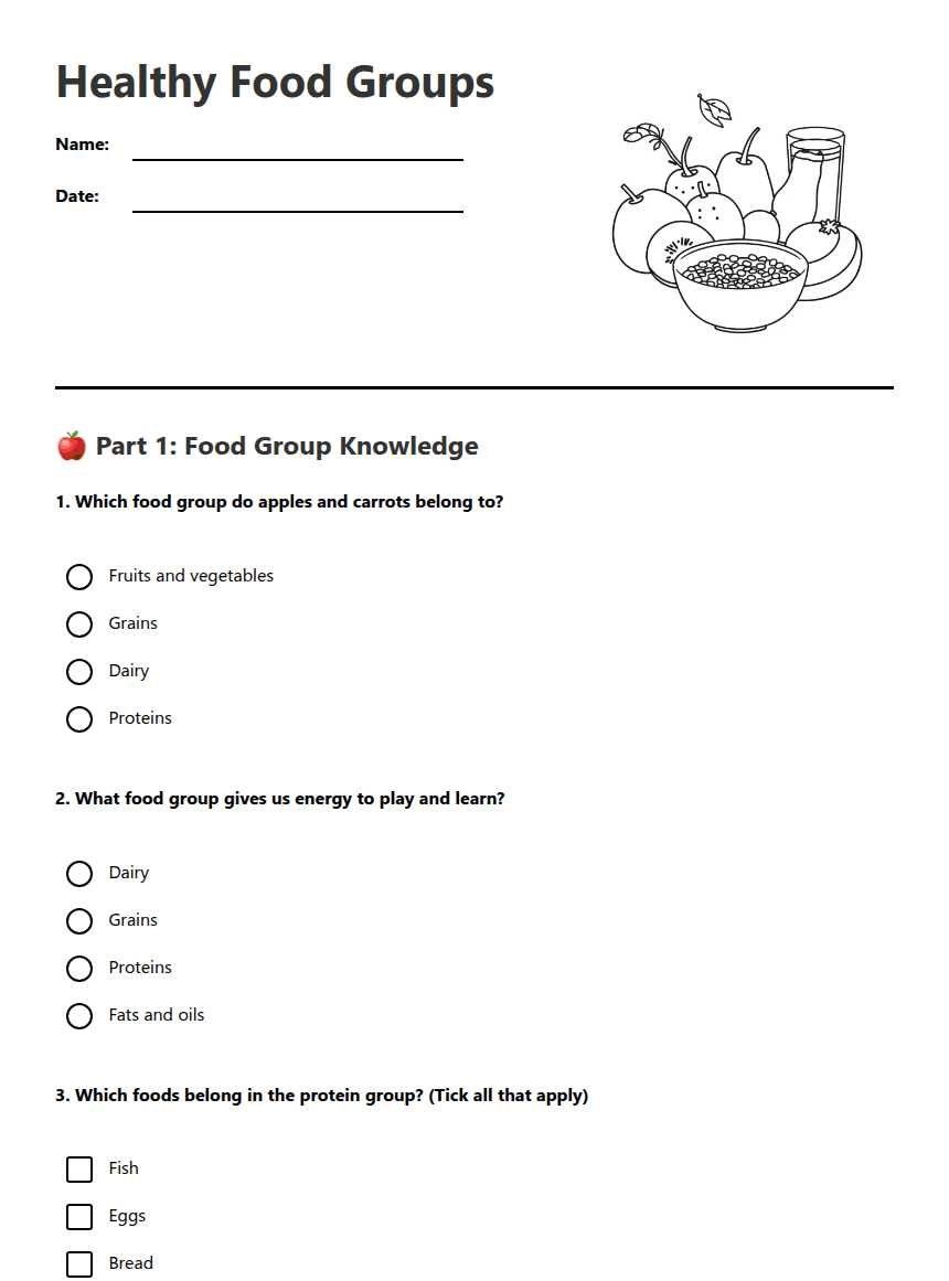 Healthy Food Groups worksheet preview