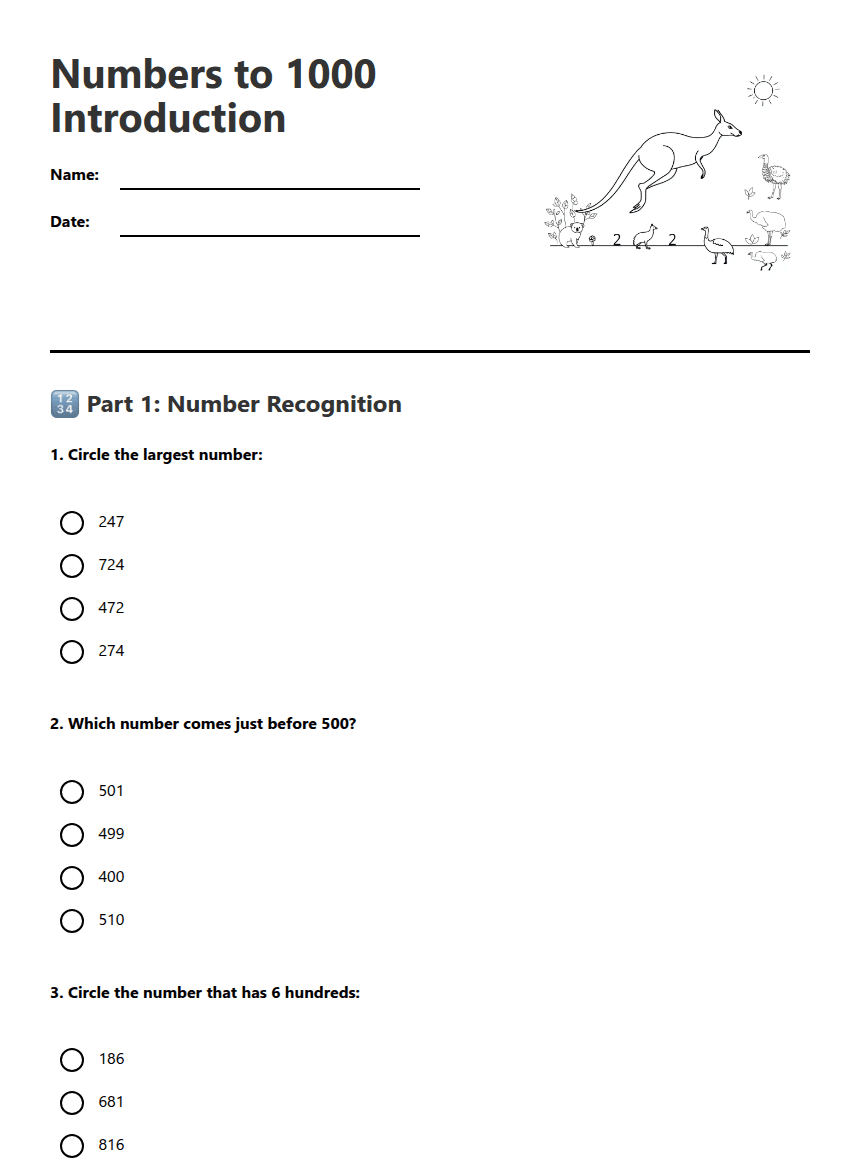 Numbers to 1000 Introduction worksheet preview