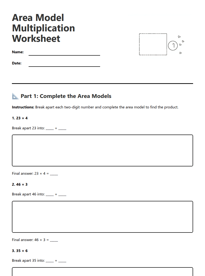 Area Model Multiplication Worksheet worksheet preview