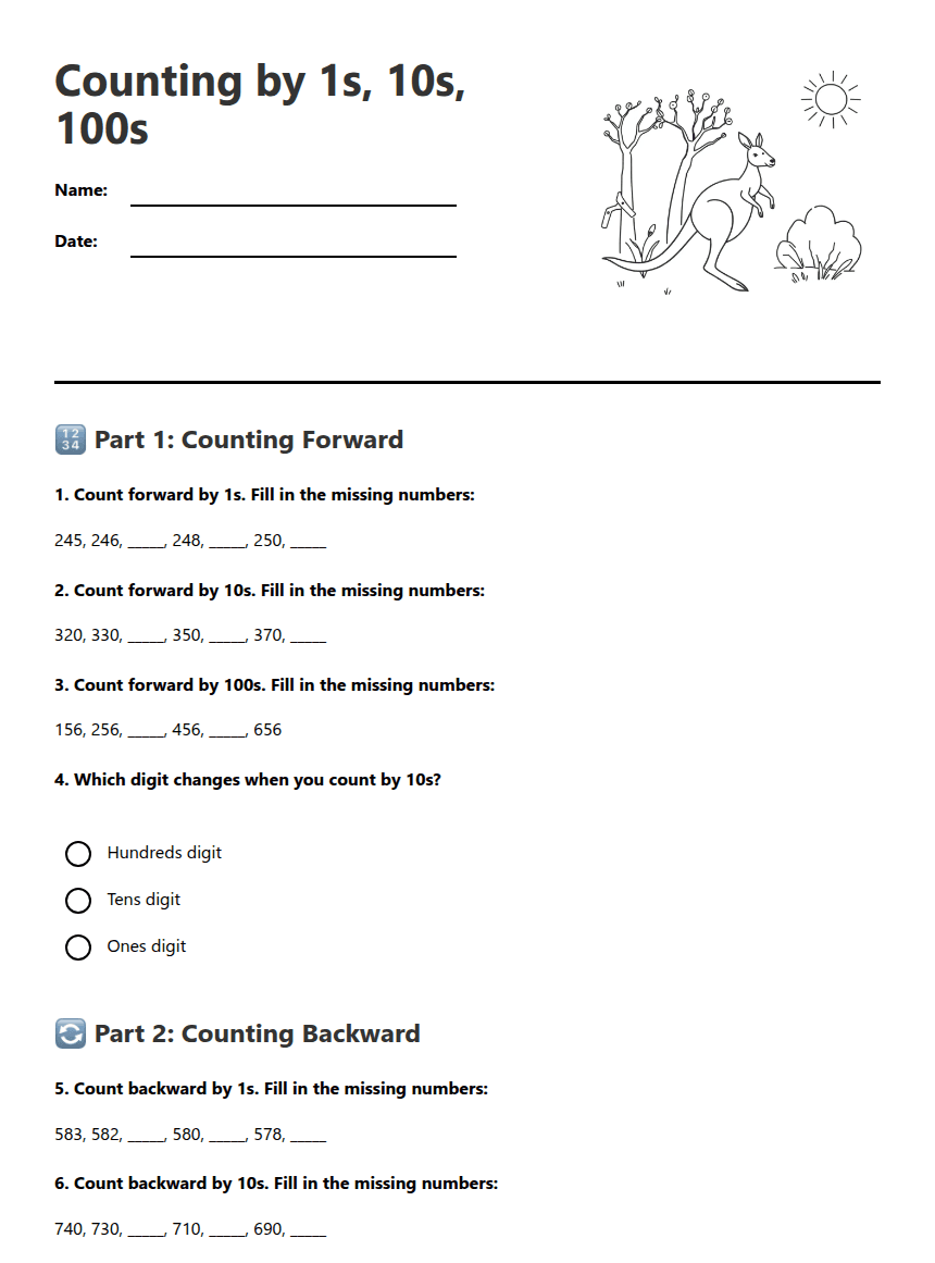 Counting by 1s, 10s, 100s worksheet preview