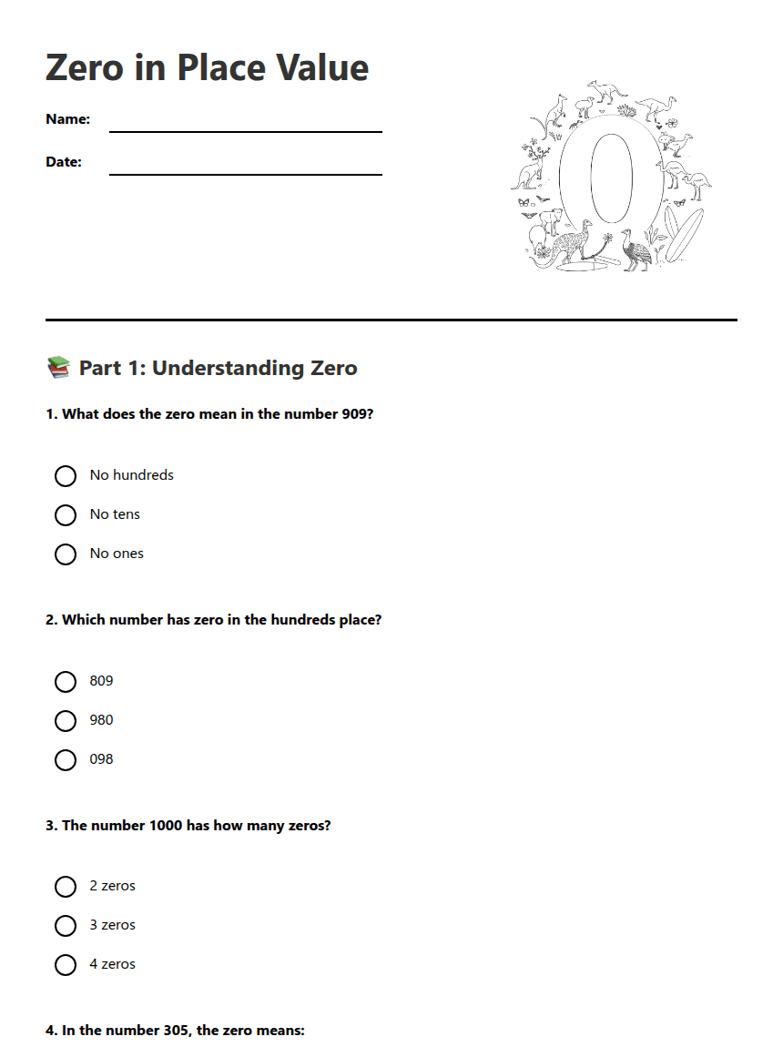 Zero in Place Value worksheet preview