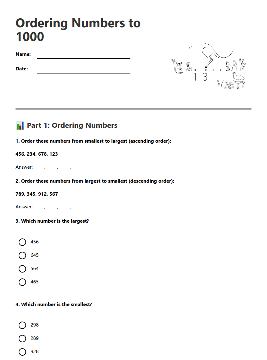 Ordering Numbers to 1000 worksheet preview