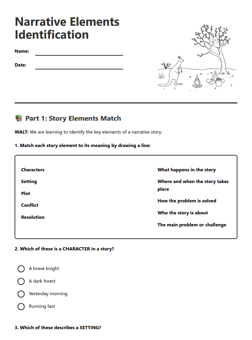 Narrative Elements Identification worksheet preview