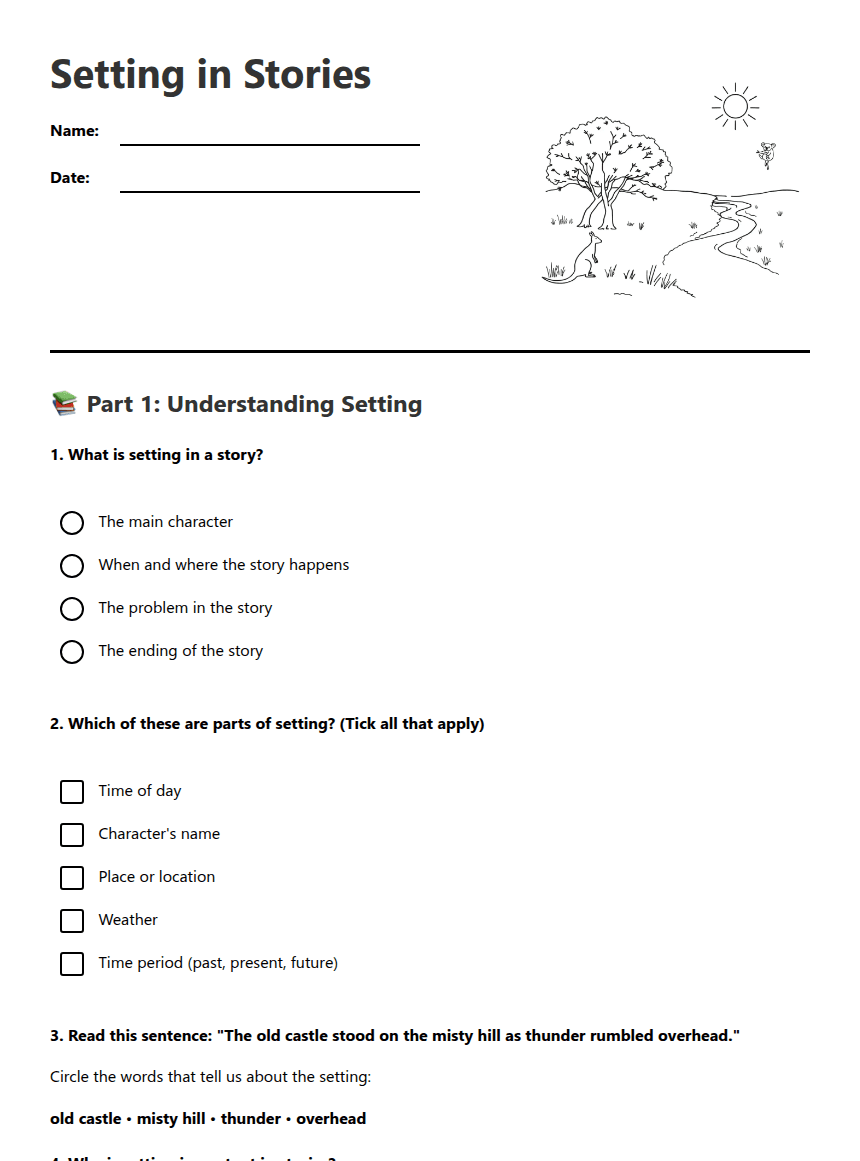 Setting in Stories worksheet preview
