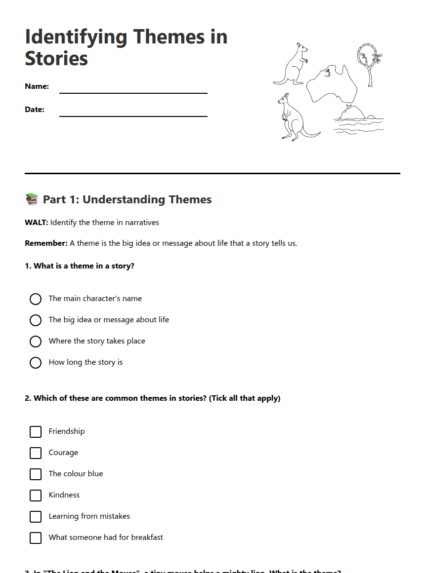 Identifying Themes in Stories worksheet preview