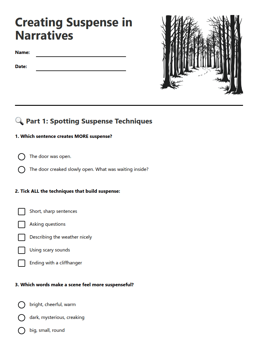 Creating Suspense in Narratives worksheet preview