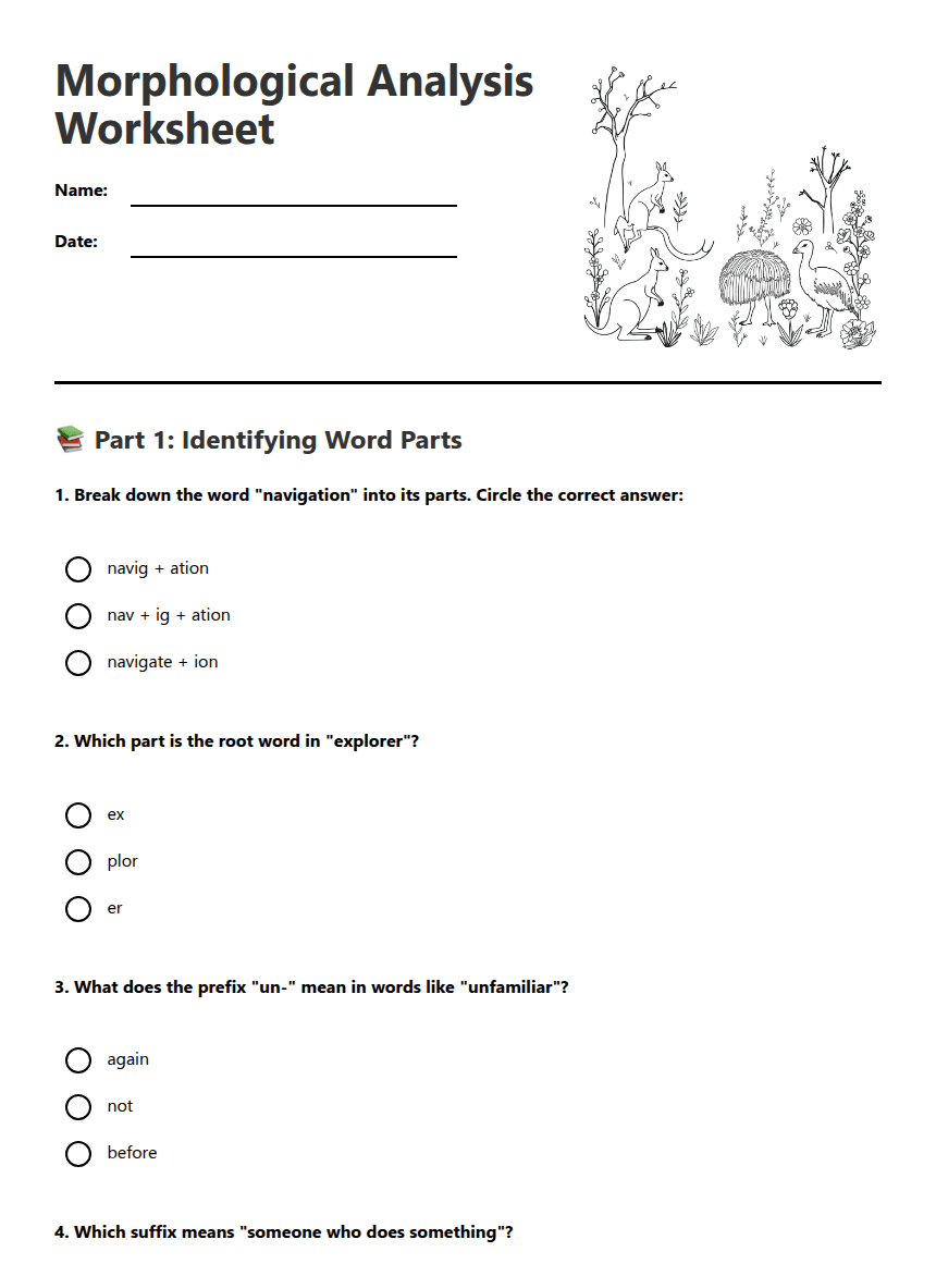 Morphological Analysis Worksheet worksheet preview