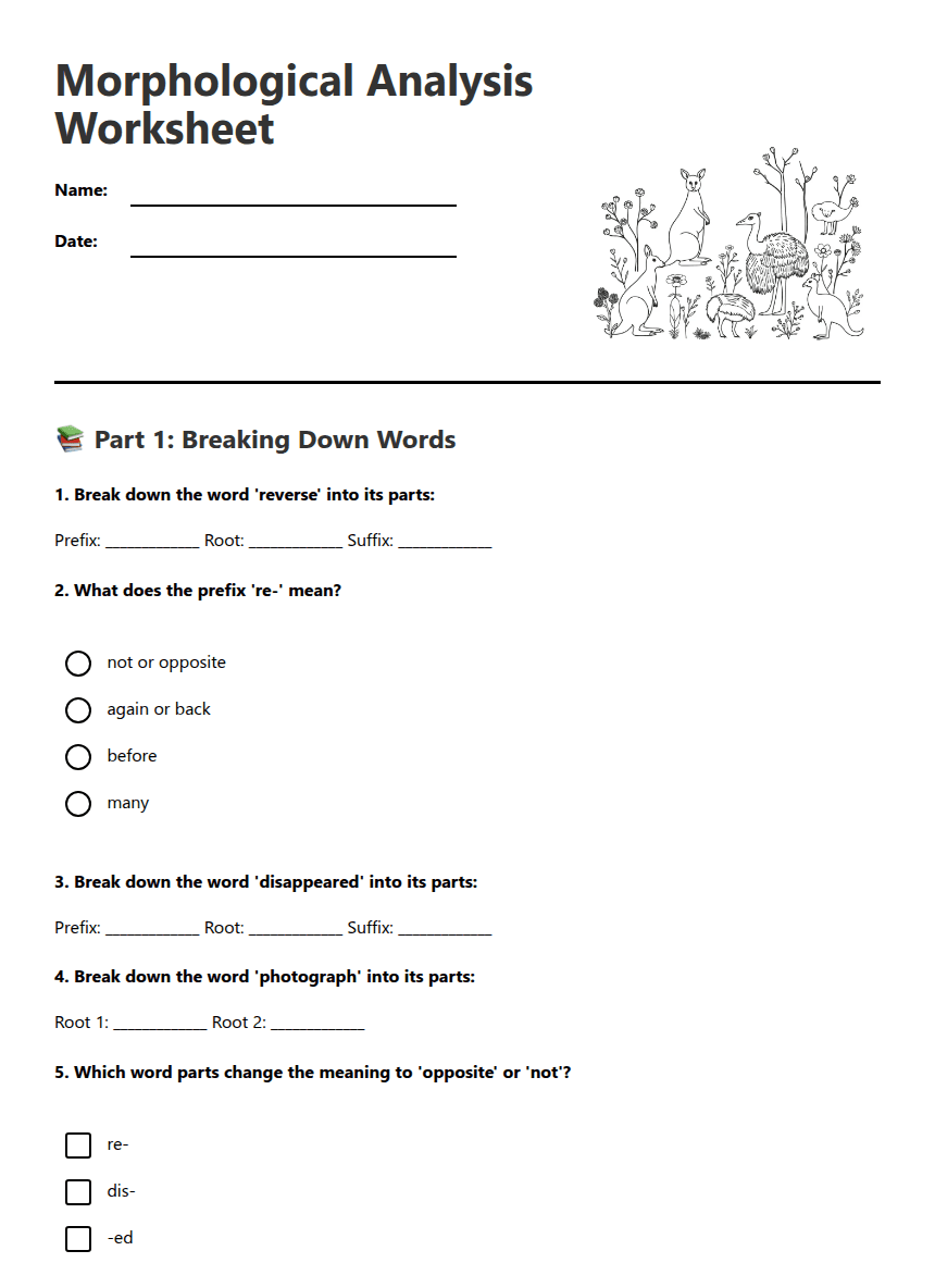 Morphological Analysis Worksheet worksheet preview