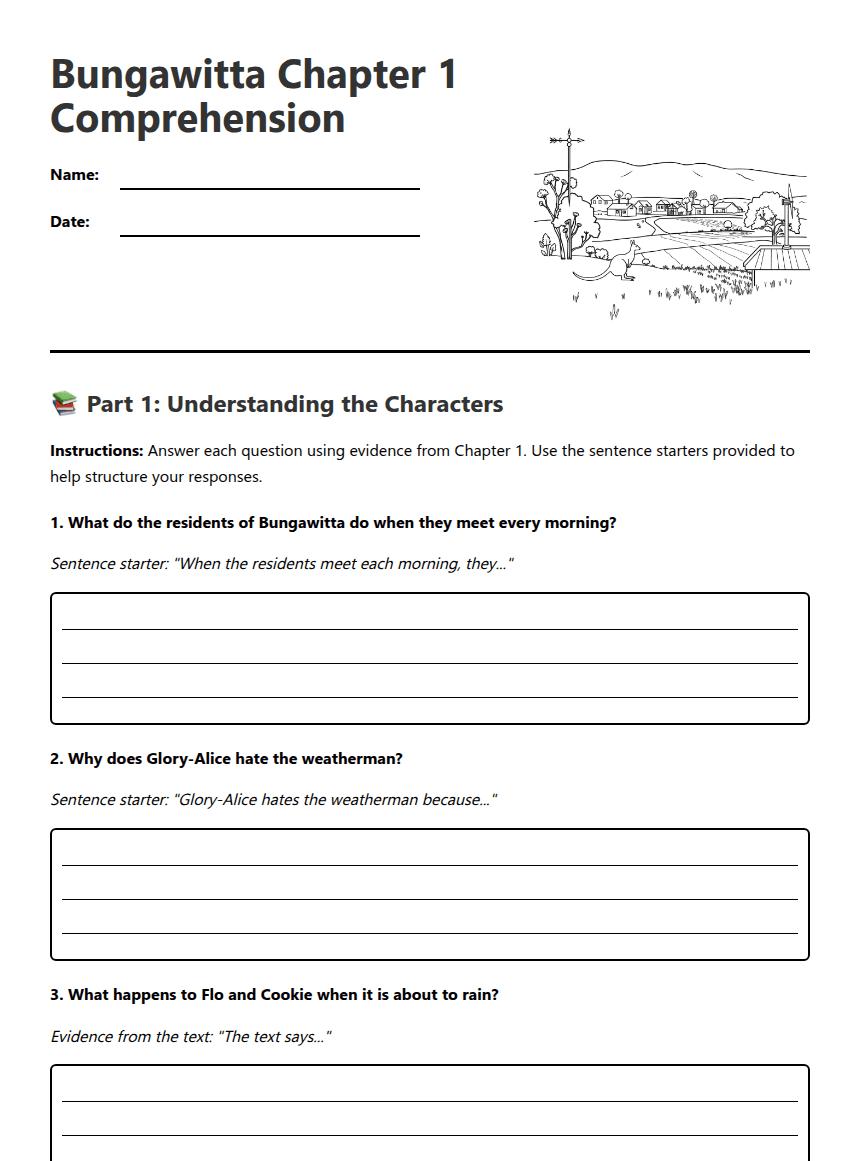 Bungawitta Chapter 1 Comprehension worksheet preview