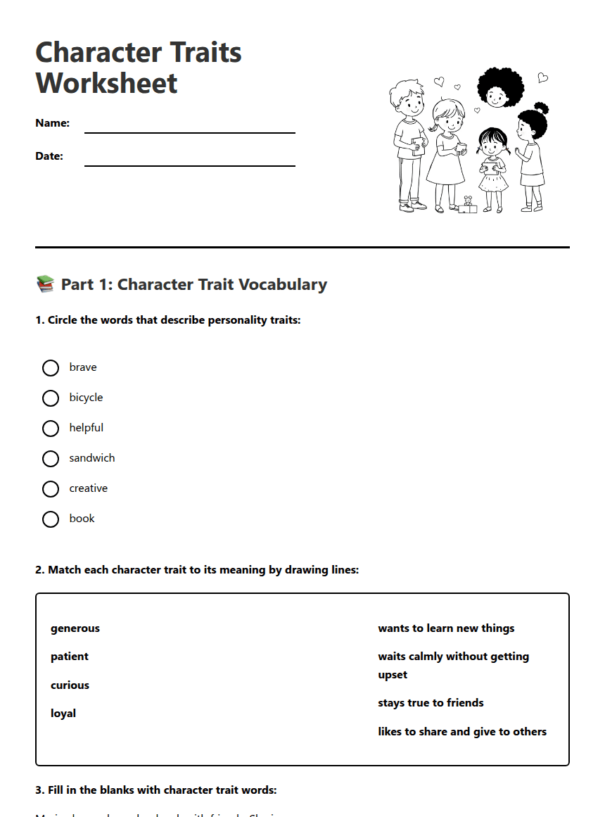 Character Traits Worksheet worksheet preview