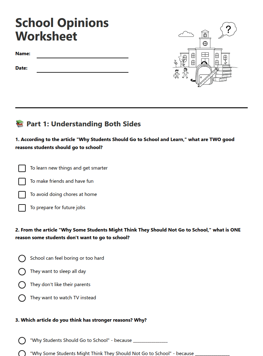 School Opinions Worksheet worksheet preview