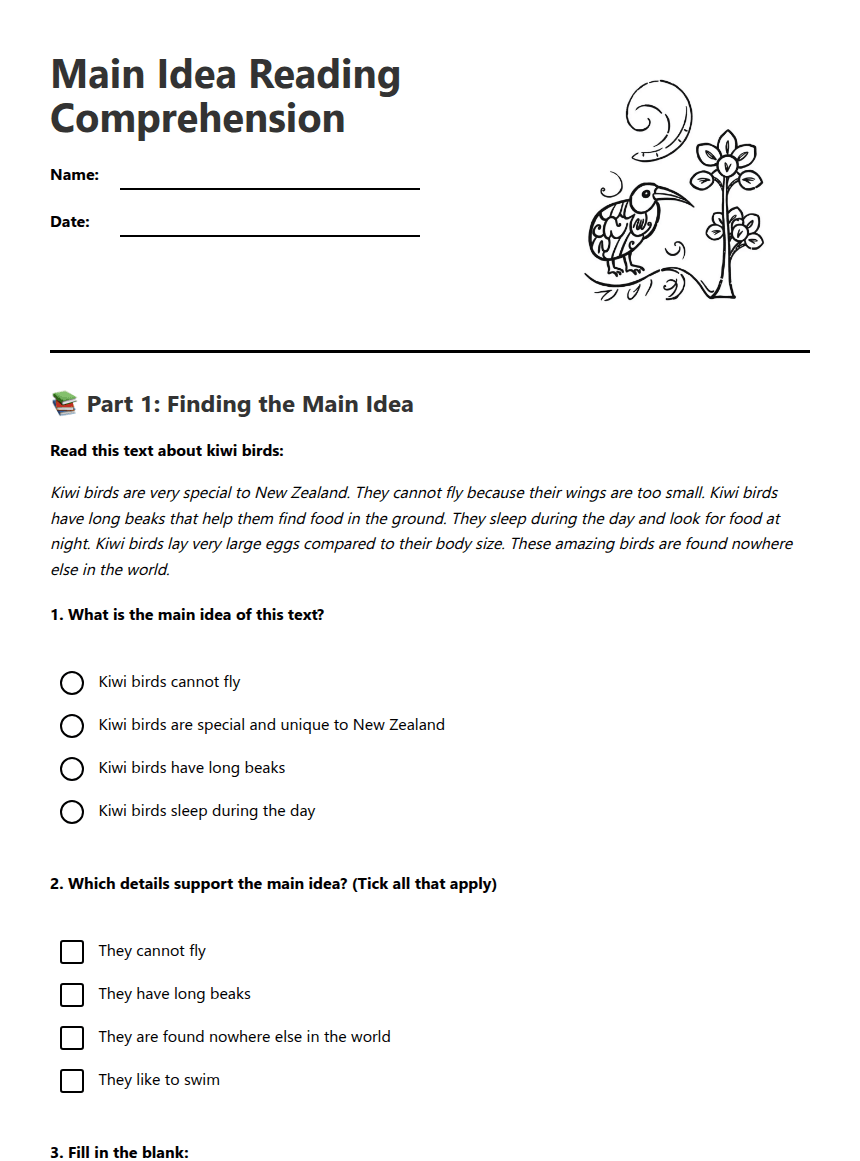 Main Idea Reading Comprehension worksheet preview