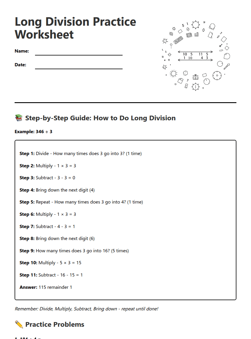 Long Division Practice Worksheet worksheet preview