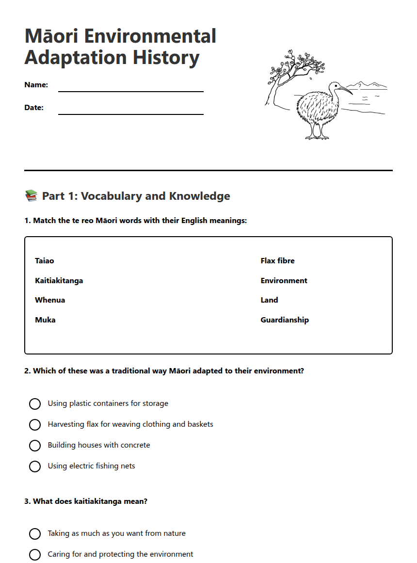 Māori Environmental Adaptation History worksheet preview