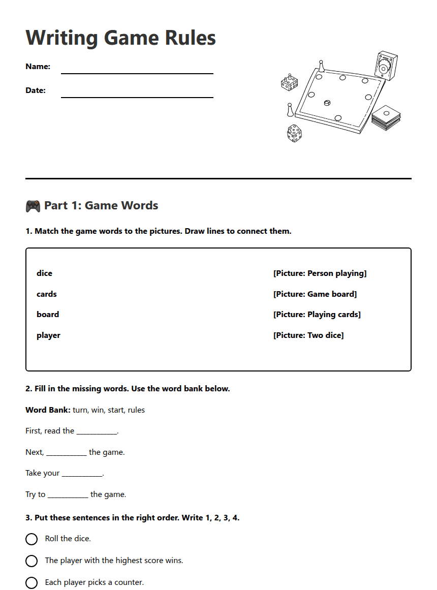 Writing Game Rules worksheet preview