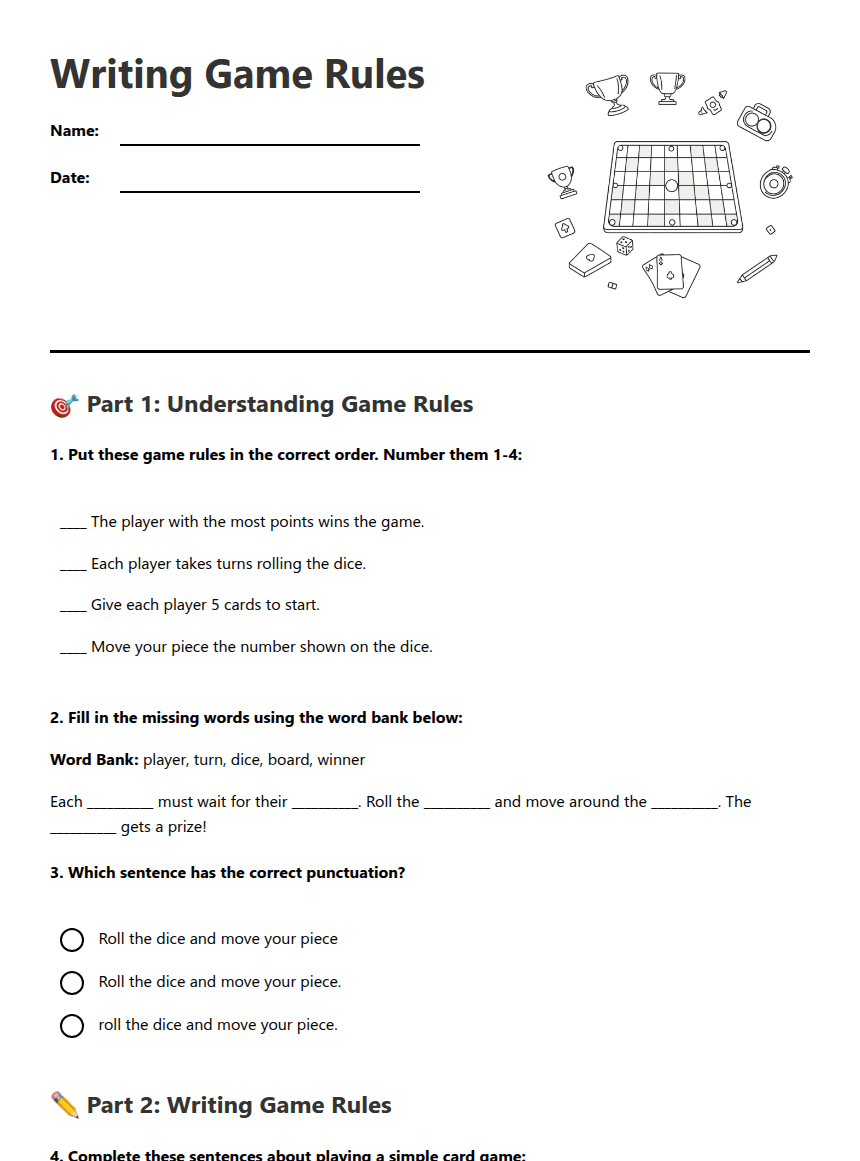 Writing Game Rules worksheet preview