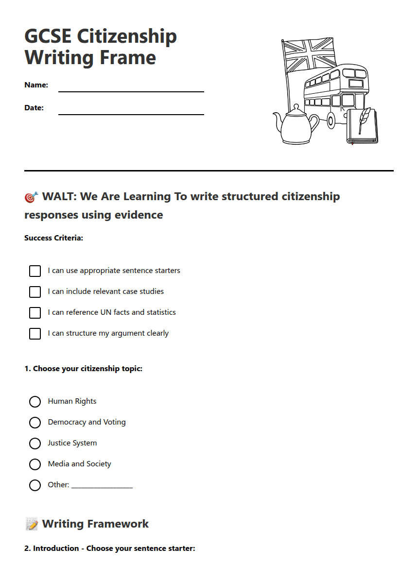GCSE Citizenship Writing Frame worksheet preview