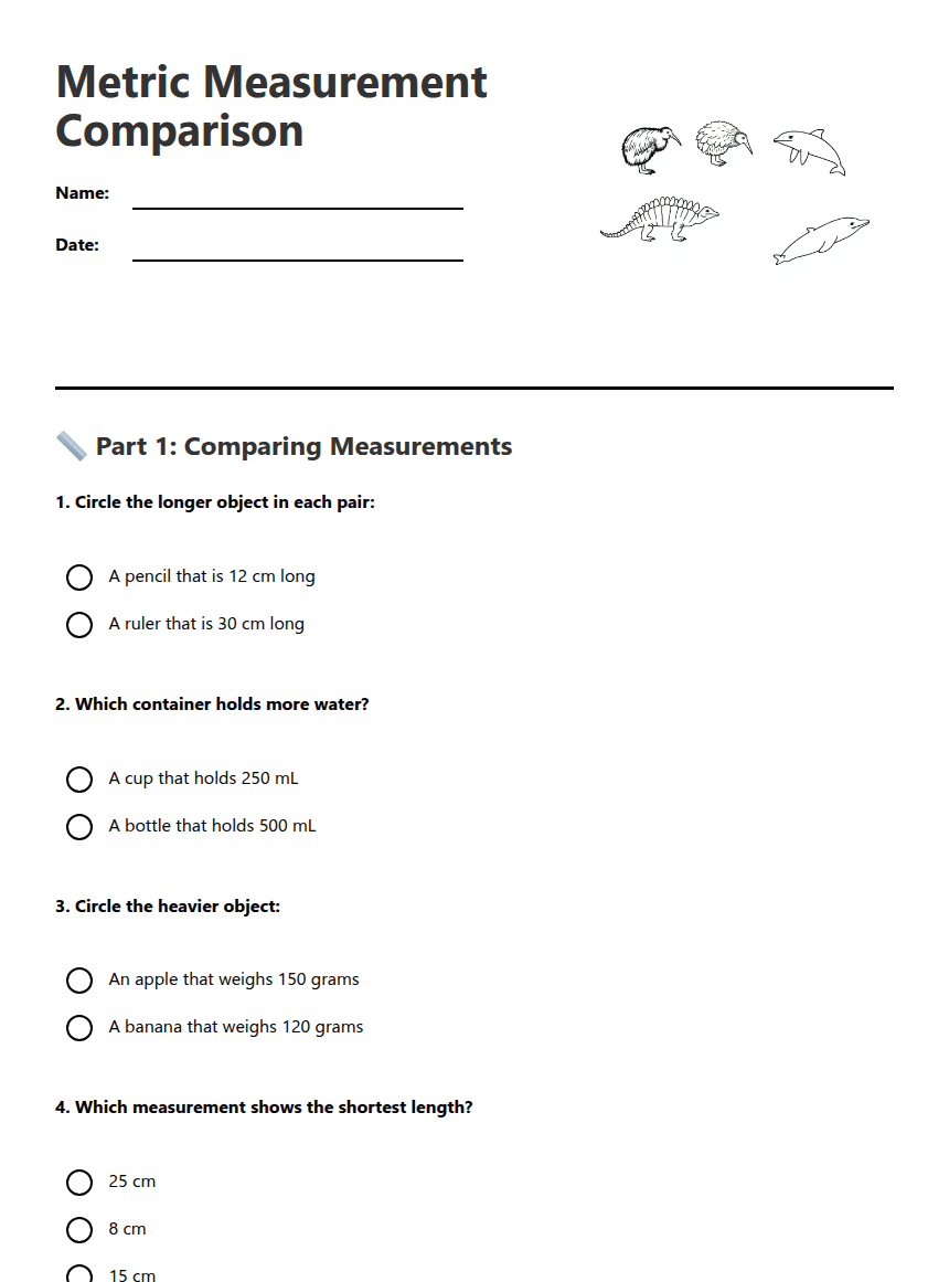 Metric Measurement Comparison worksheet preview