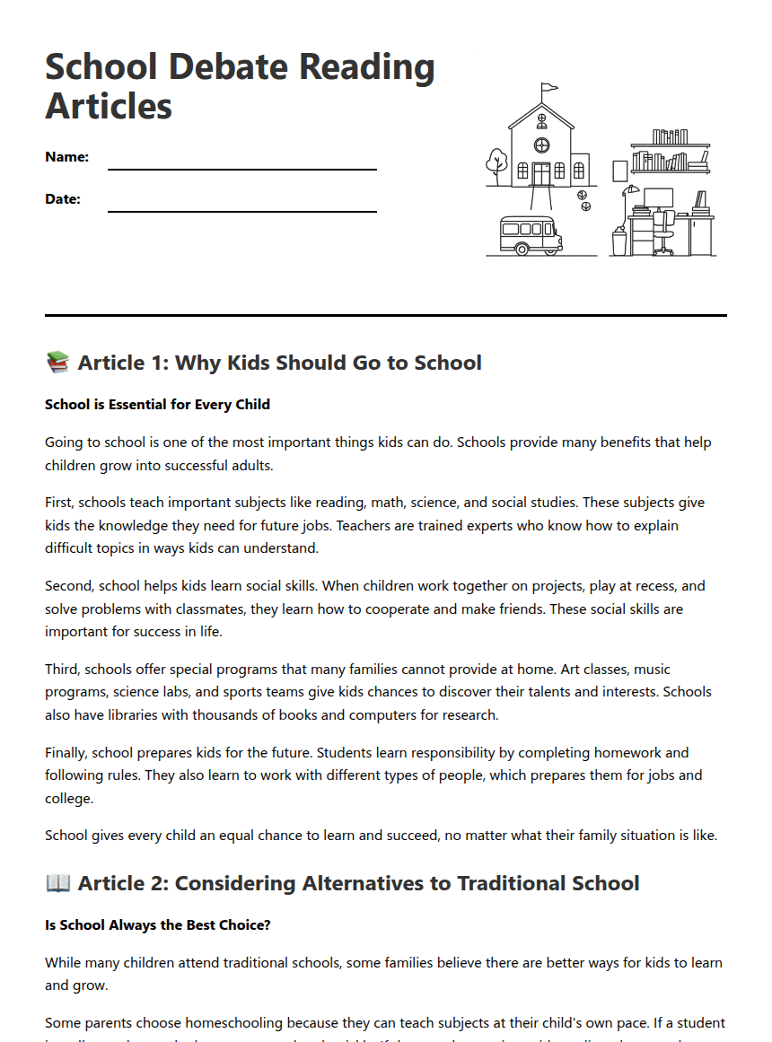 School Debate Reading Articles worksheet preview