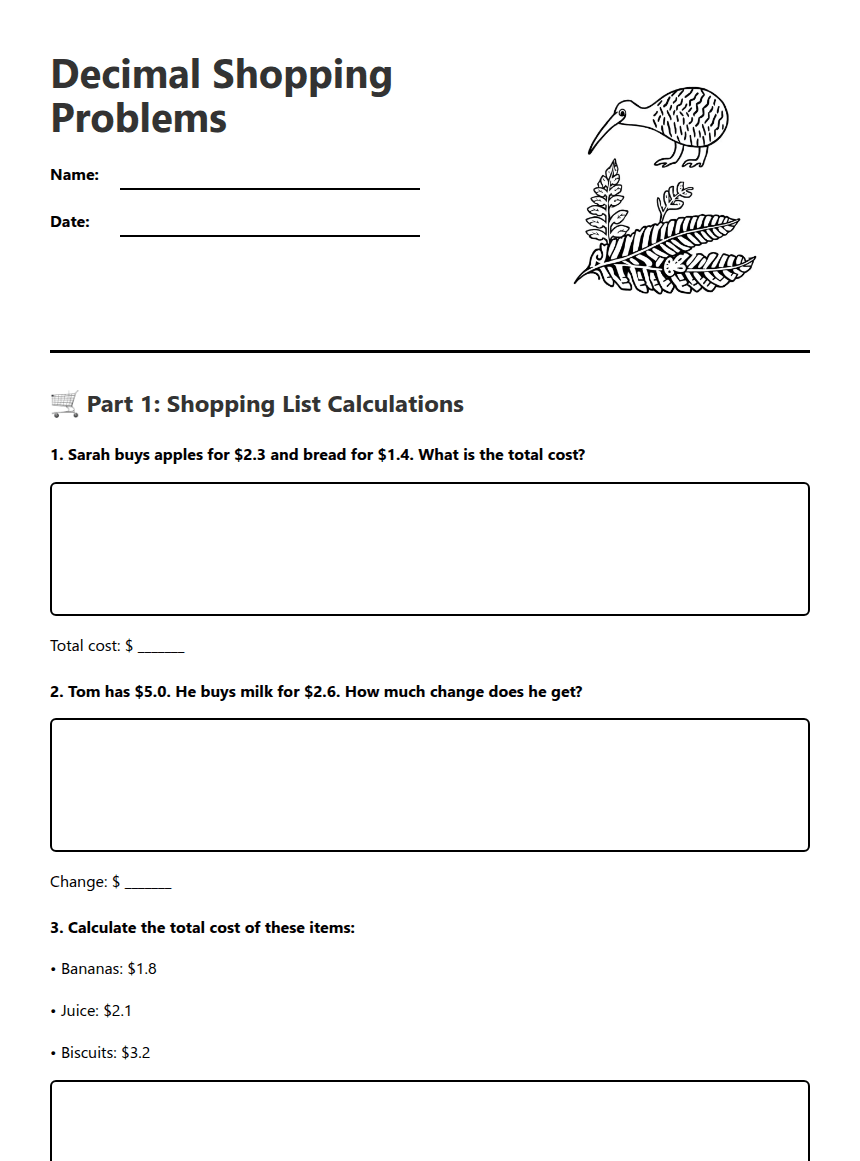 Decimal Shopping Problems worksheet preview