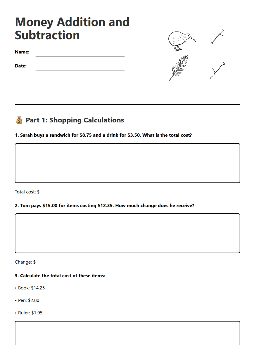 Money Addition and Subtraction worksheet preview