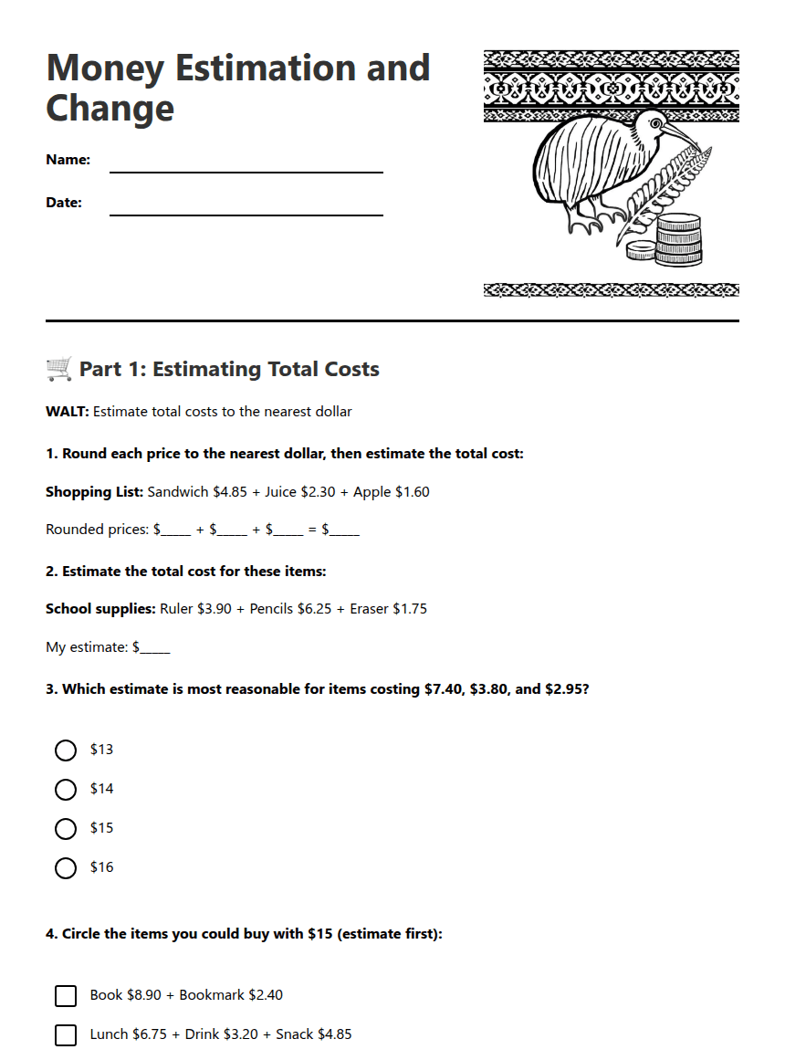 Money Estimation and Change worksheet preview