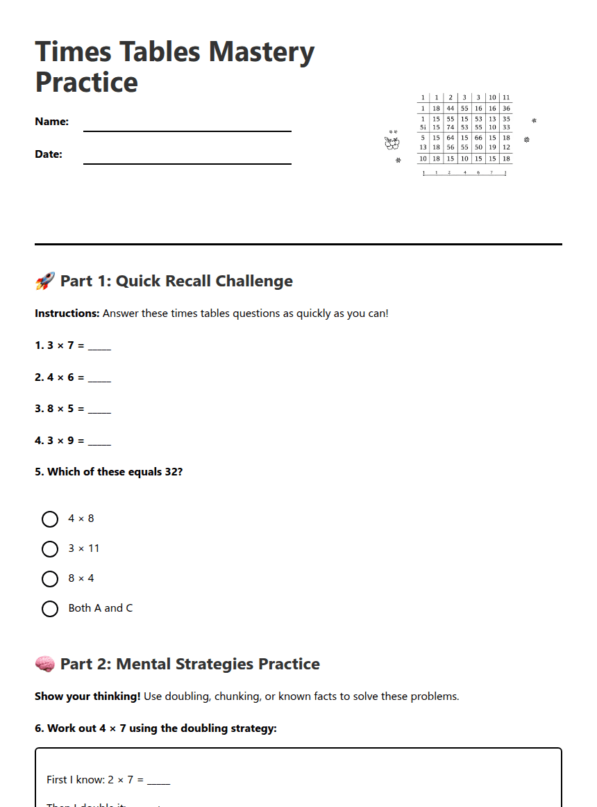 Times Tables Mastery Practice worksheet preview