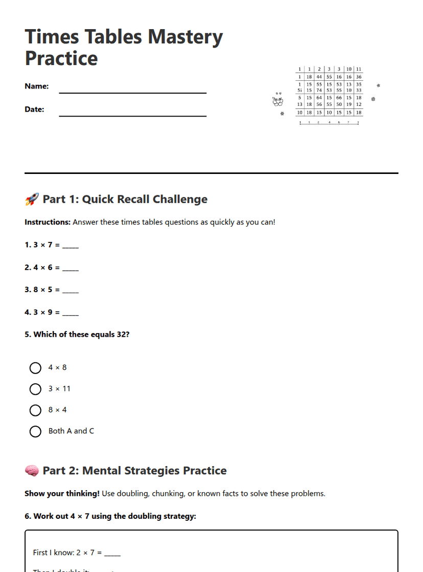 Times Tables Mastery Practice