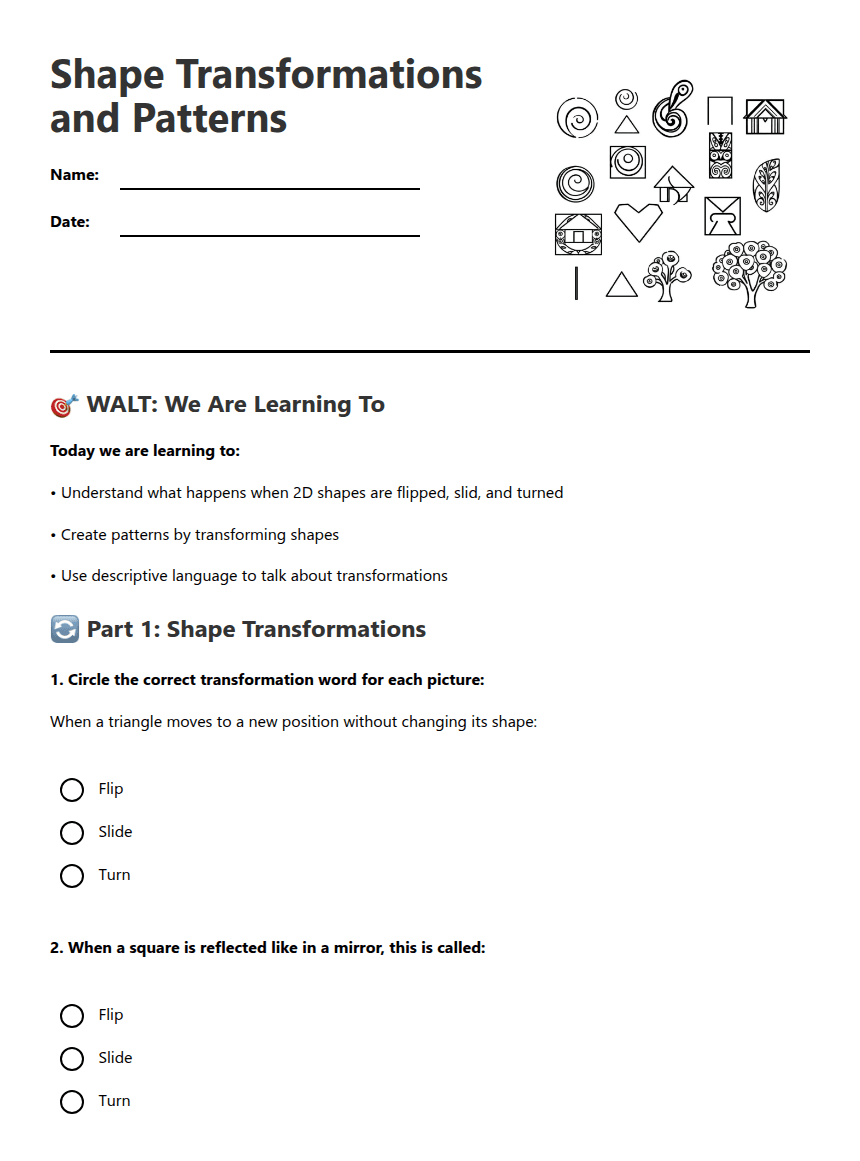 Shape Transformations and Patterns worksheet preview