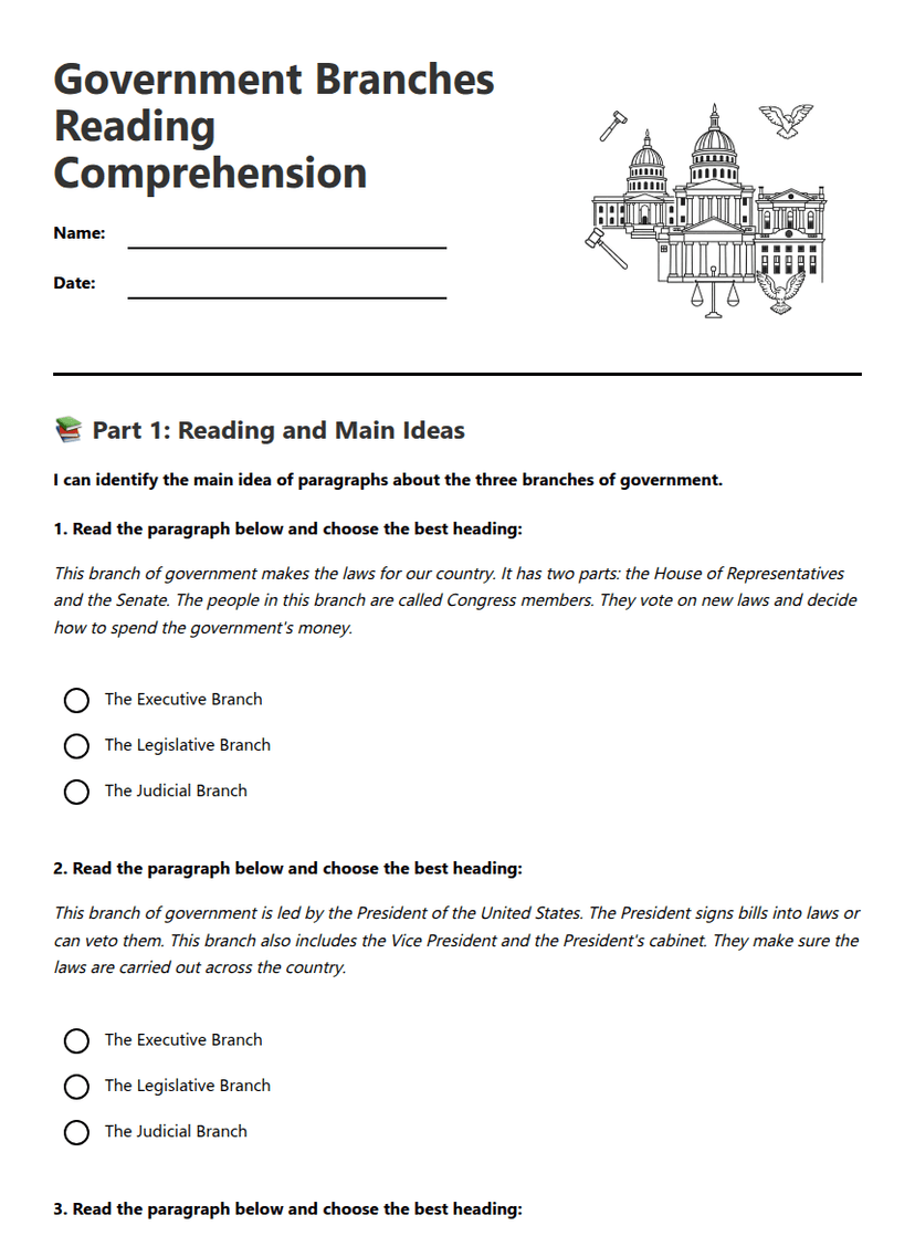 Government Branches Reading Comprehension