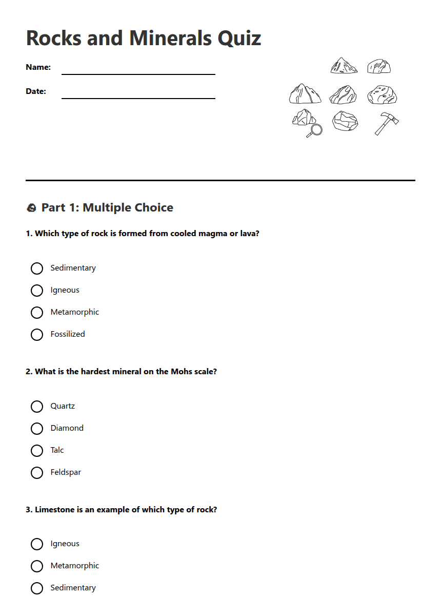 Rocks and Minerals Quiz worksheet preview