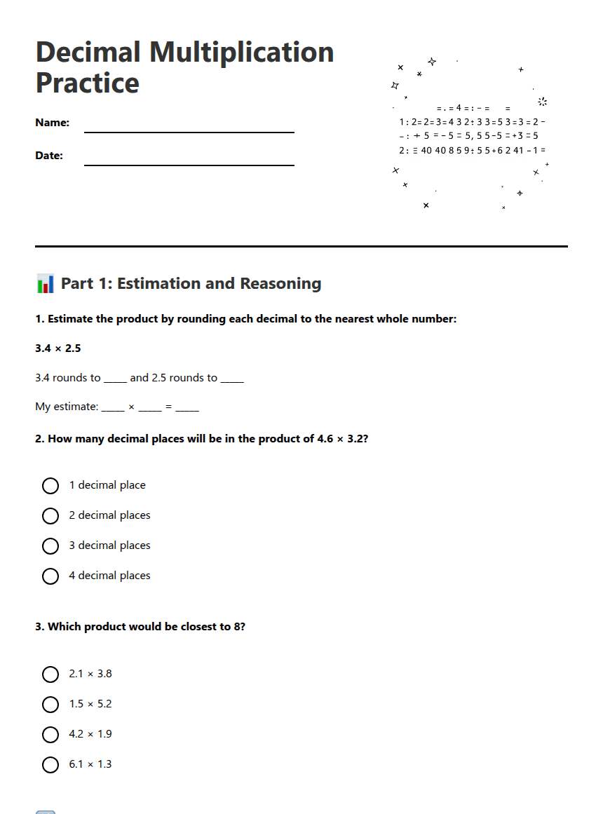 Decimal Multiplication Practice worksheet preview