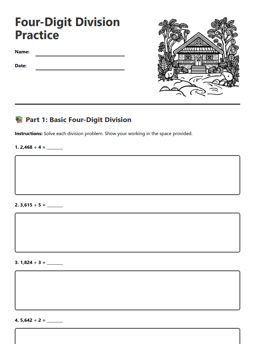 Four-Digit Division Practice worksheet preview