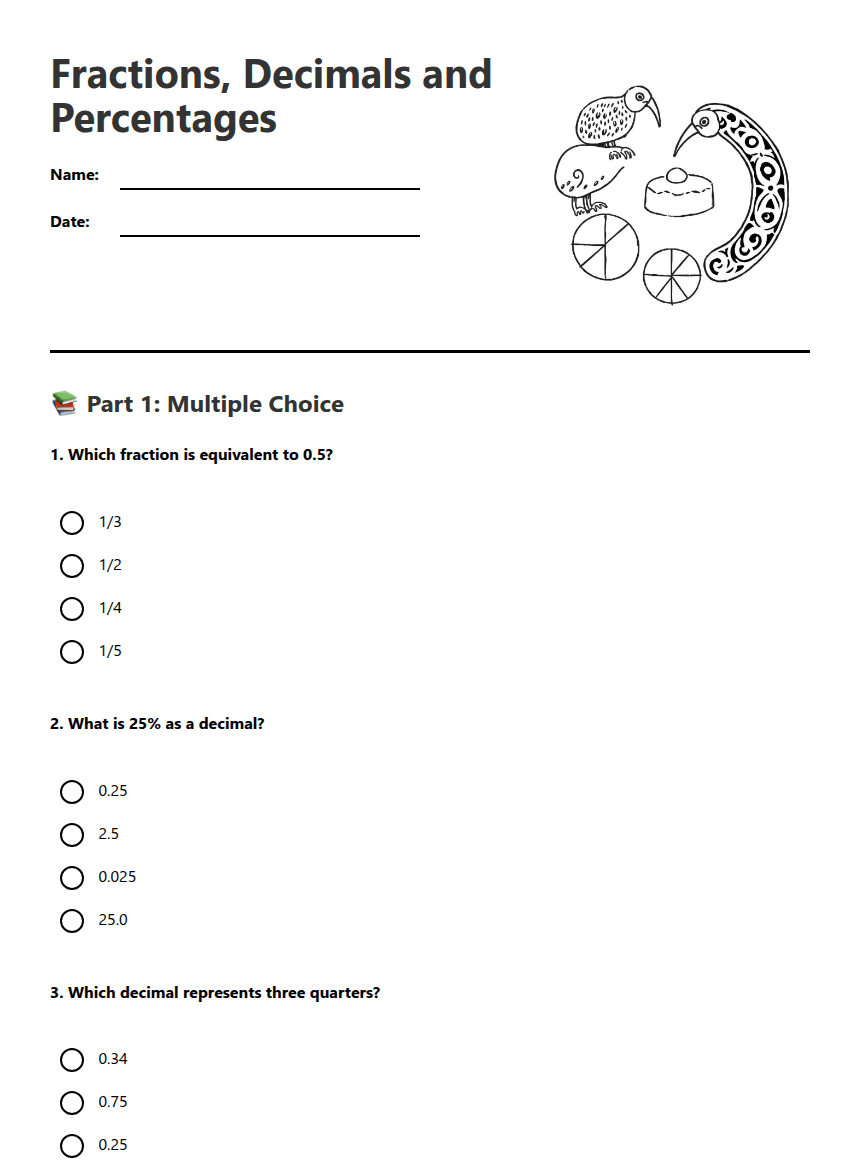 Fractions, Decimals and Percentages worksheet preview