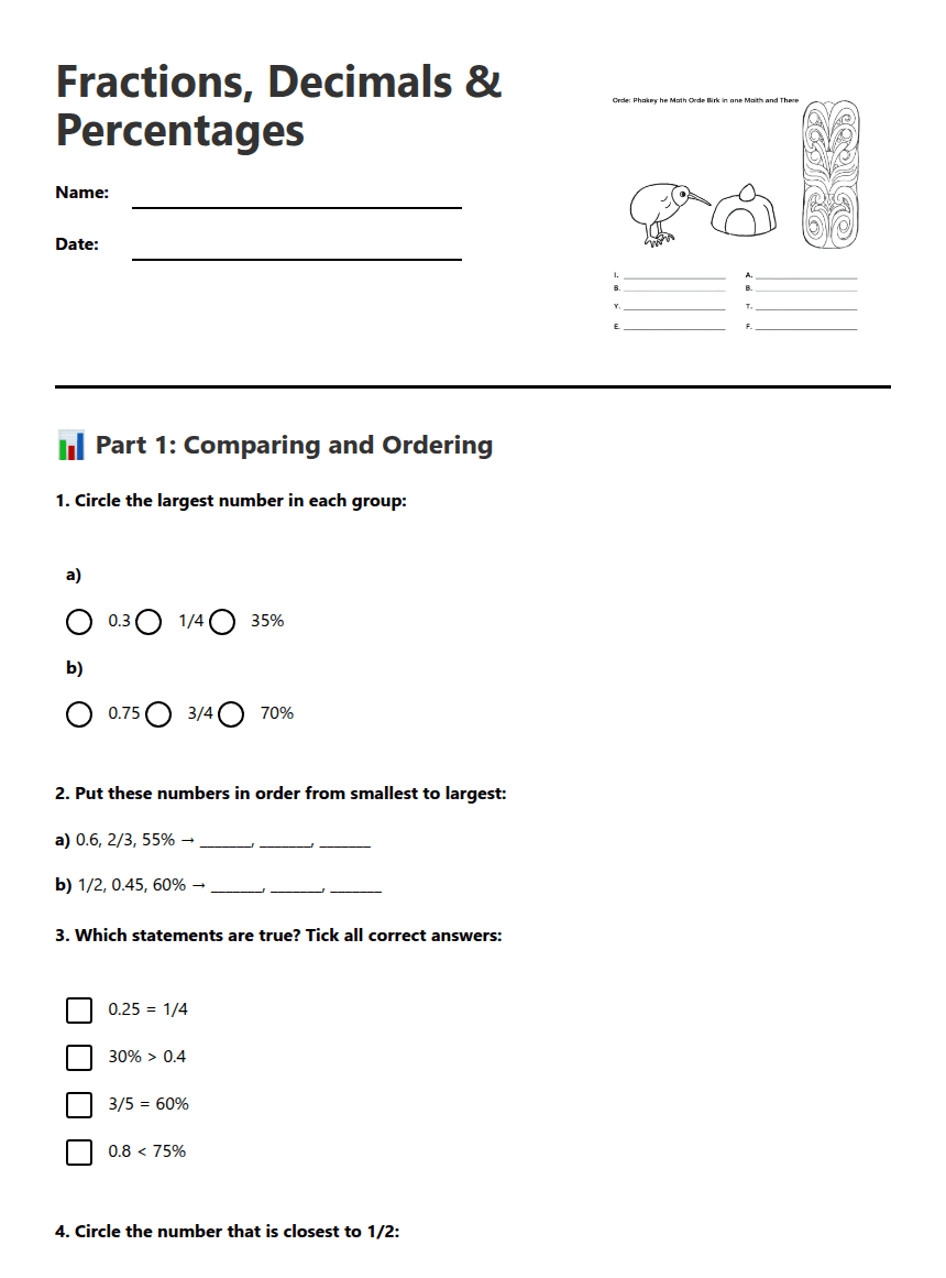 Fractions, Decimals & Percentages worksheet preview