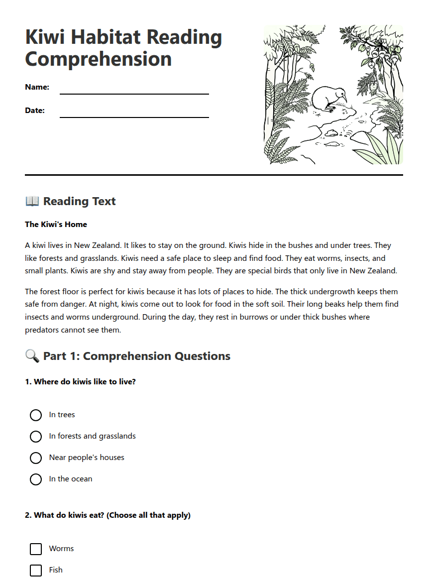 Kiwi Habitat Reading Comprehension worksheet preview