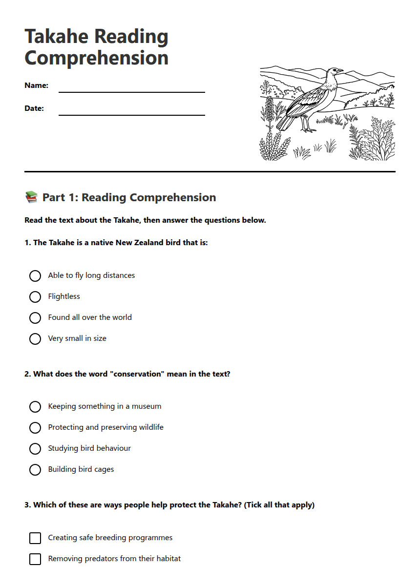 Takahe Reading Comprehension worksheet preview