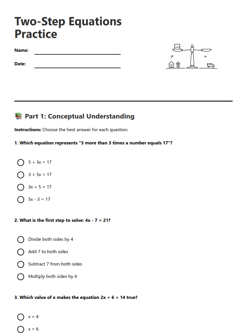 Two-Step Equations Practice worksheet preview