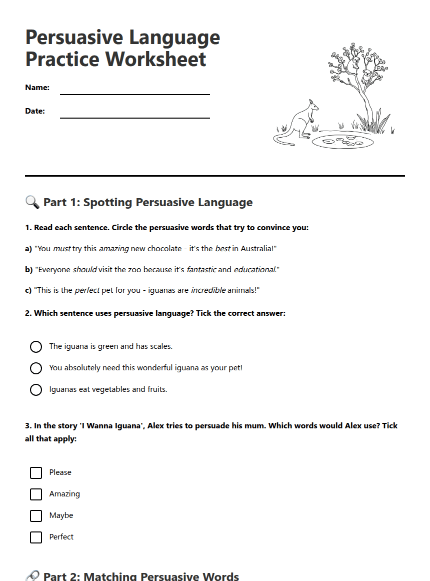 Persuasive Language Practice Worksheet worksheet preview