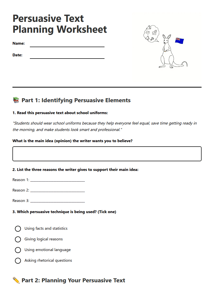 Persuasive Text Planning Worksheet worksheet preview