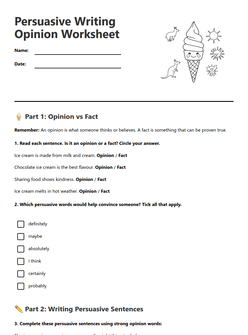 Persuasive Writing Opinion Worksheet worksheet preview