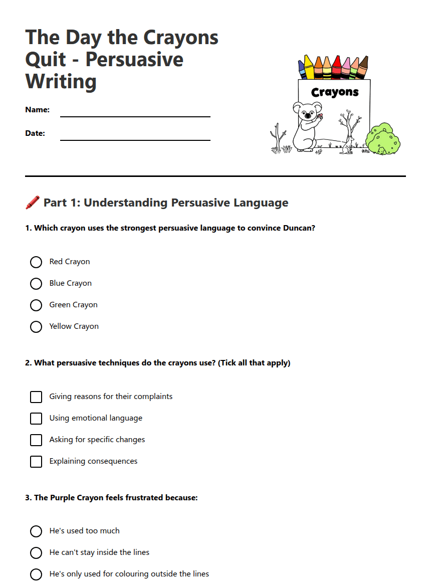 Crayons Quit Persuasive Writing worksheet preview