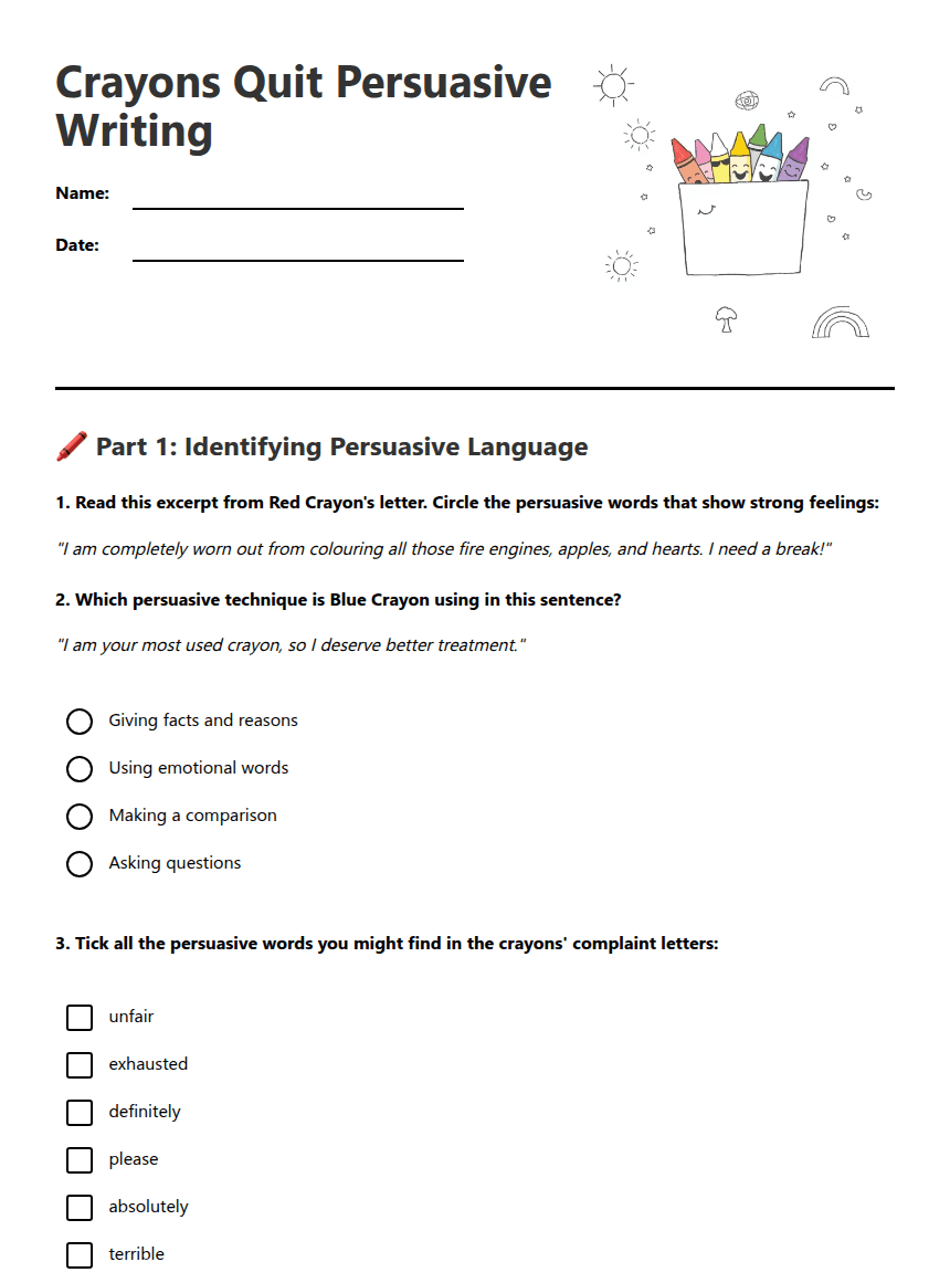 Crayons Quit Persuasive Writing worksheet preview