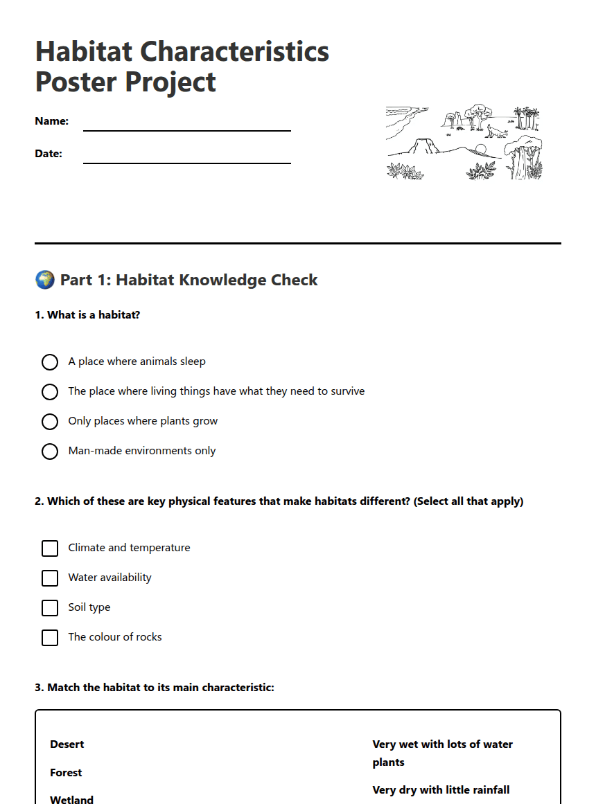 Habitat Characteristics Poster Project worksheet preview